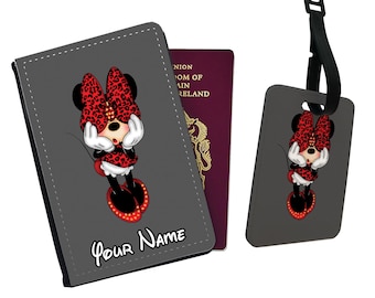 Personalised Passport Cover and Luggage Tag, Disney Minnie Mouse with Your Name, Travel Accessory Set, Custom Gift for her