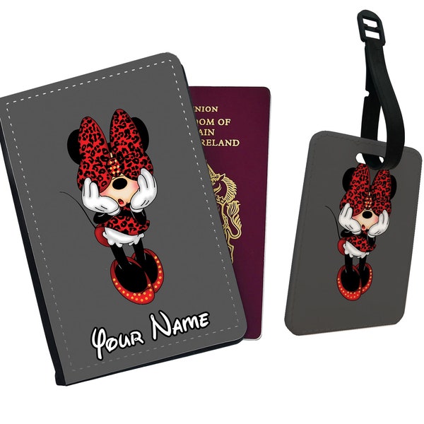 Personalised Passport Cover and Luggage Tag, Disney Minnie Mouse with Your Name, Travel Accessory Set, Custom Gift for her