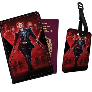 Protège-passeport et étiquette de bagage personnalisés en similicuir Marvel Avengers Black Widow Strong Woman