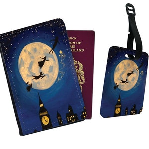 Gepersonaliseerde kunstleer paspoorthoes en bagagelabel Peter Pan Neverland Disney Disneyland Tinker Bell Mary Darling Mythical Island
