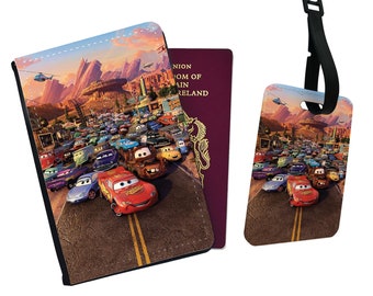 Travel Accessory Set - Faux Leather Passport Cover and Luggage Tag – Disney Cars with YOUR NAME