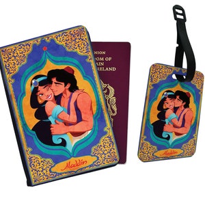 Personalisierte Kunstleder Passport Cover und Gepäckanhänger Disney Aladdin Prinzessin Jasmin Genie Lampe Vintage Disneyland Freunde Geburtstagsgeschenk
