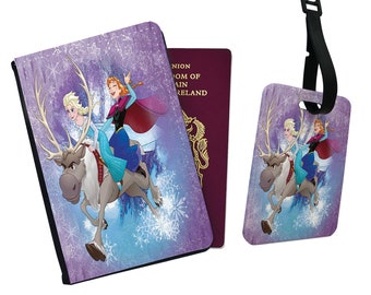 Personalised Faux Leather Passport Cover and Luggage Tag Disney Frozen Olaf Snowman Elsa Anna Sisters Vintage Disneyland Friends Gift