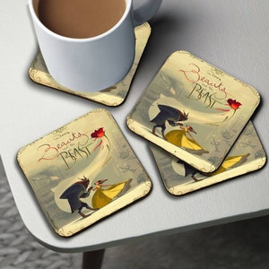 Cup Coasters, Personalised High Gloss Square Drink Coaster, Round Coffee Coaster, Custom Gift with Name, Disney Beauty and the Beast