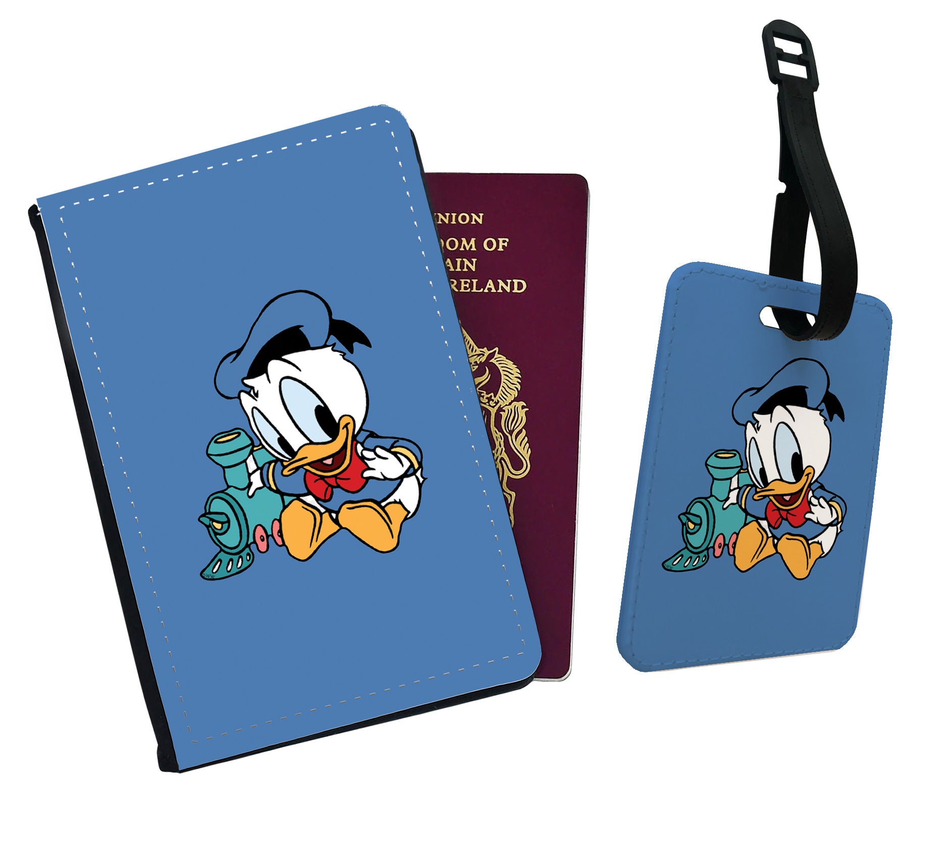 Personalised Passport Cover and Luggage Tag, Baby's First Holiday, Baby Donald Duck and Daisy, Travel Accessory Set, Custom Gift with Name