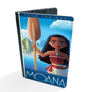 May include: A passport holder featuring a colorful illustration of Moana from the Disney movie Moana. The image includes the text "Know the Way" and "Moana" with a blue and white ocean background.