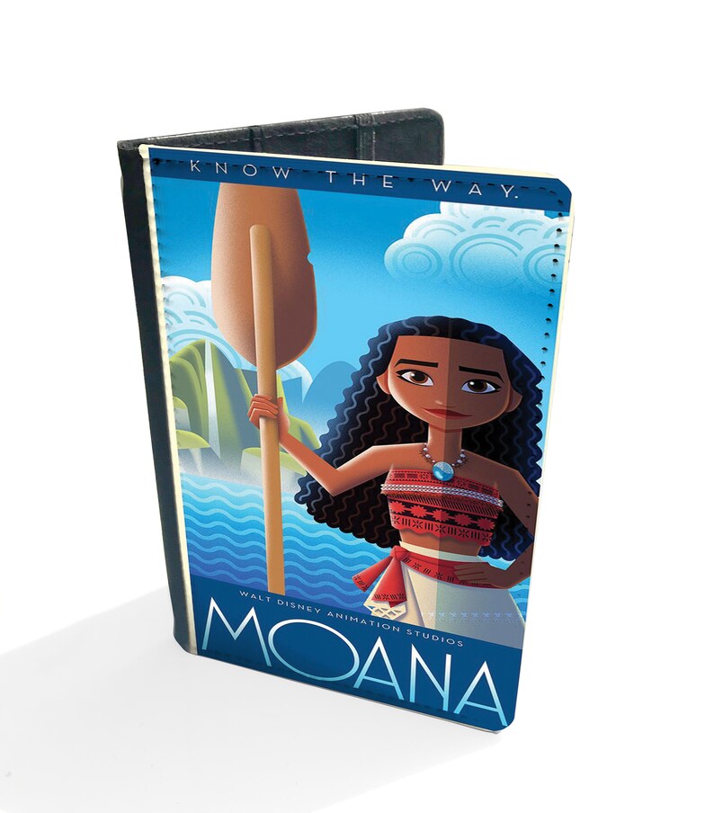 May include: A passport holder featuring a colorful illustration of Moana from the Disney movie Moana. The image includes the text "Know the Way" and "Moana" with a blue and white ocean background.