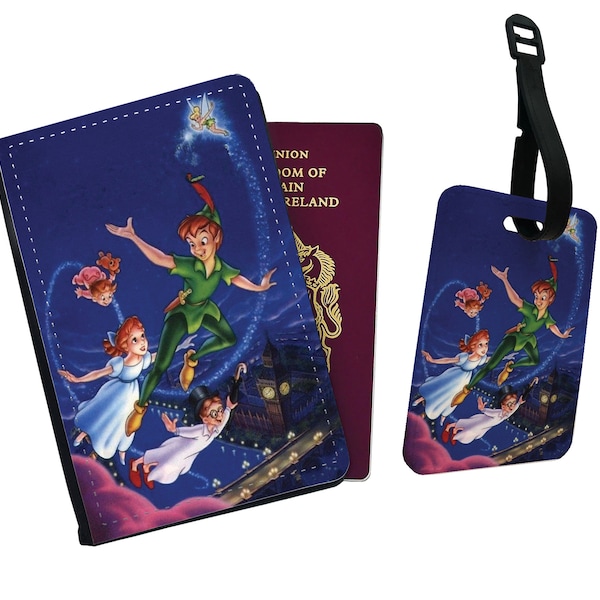 Funda de pasaporte de piel sintética personalizada y etiqueta para equipaje Peter Pan Nunca Jamás Disney Disneyland Campanilla Mary Darling Isla Mítica
