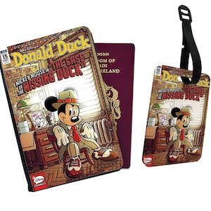 Personalised Faux Leather Passport Cover and Luggage Tag Disney Donald Duck Mickey Mouse in &quot;The Case Of The Missing Duck&quot; Gift
