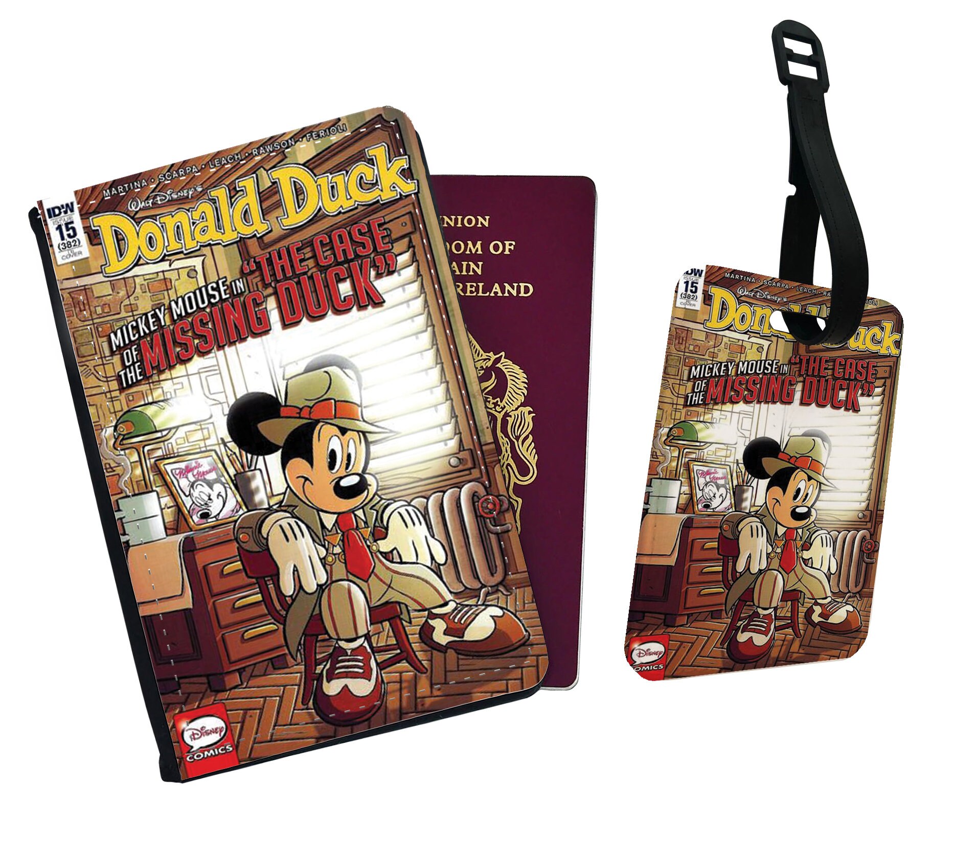 Personalised Faux Leather Passport Cover and Luggage Tag Disney Donald Duck Mickey Mouse in "The Case Of The Missing Duck" Gift