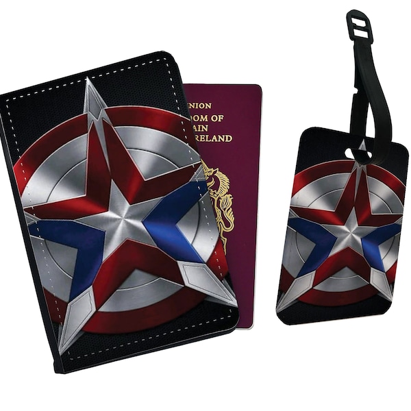 Travel Accessory Set - Faux Leather Passport Cover and Luggage Tag – Marvel Avengers Captain America Shield