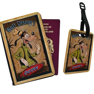 Portapassaporto in similpelle personalizzato e targhetta per bagaglio Disney Pippo Topolino Minnie Paperino Cartone animato vintage Regalo di compleanno e Natale