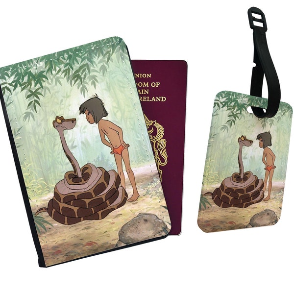 Personalisierte Kunstleder Passport Cover & Gepäckanhänger Disney Dschungelbuch Baloo Bagheera Kaa Mowgli