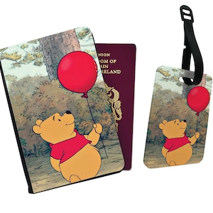 Capa de passaporte de couro sintético personalizada e etiqueta de bagagem Disney Ursinho Pooh Balão Férias Aventura Presente de aniversário Amigos Honey Forest