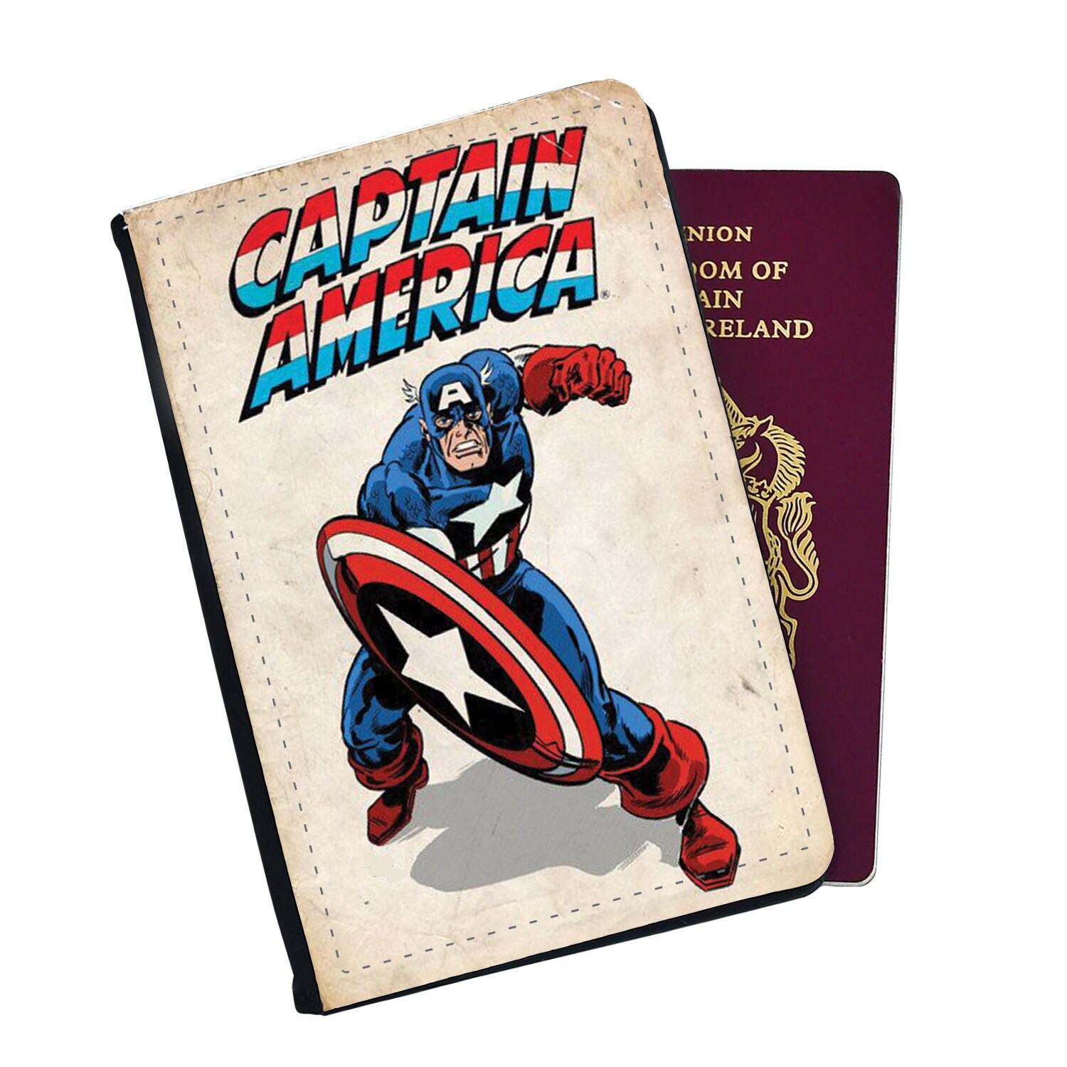 Personalised Faux Leather Passport Cover and Luggage Tag, Travel Accessory Set, Marvel Avengers, Captain America Shield