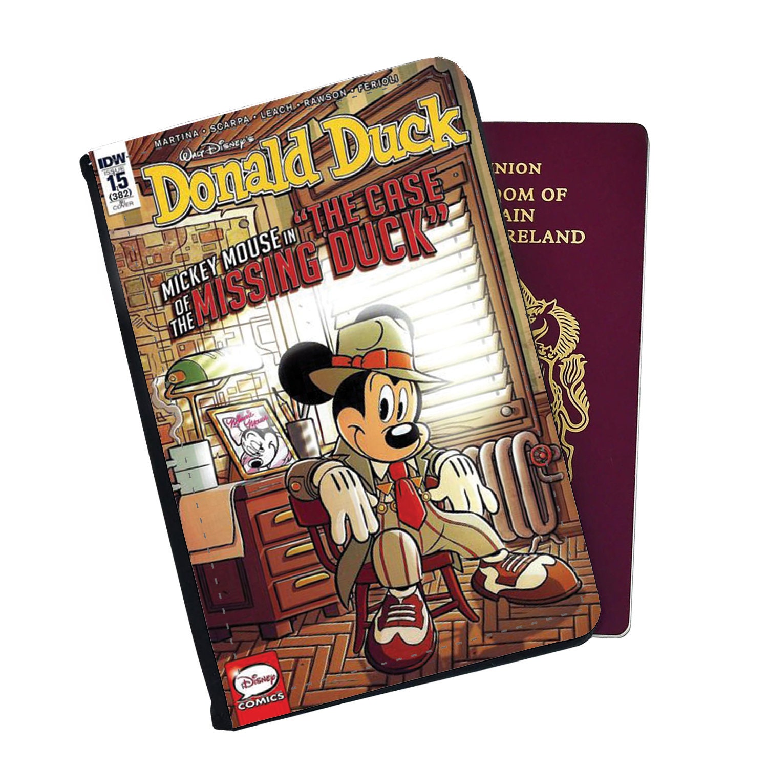 Personalised Faux Leather Passport Cover and Luggage Tag Disney Donald Duck Mickey Mouse in "The Case Of The Missing Duck" Gift