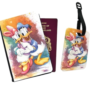 Personalised Faux Leather Passport Cover and Luggage Tag, Disney Travel Accessory Gift Set, Donald Duck and Daisy