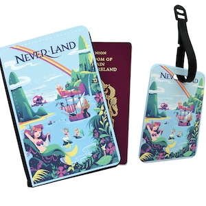 Gepersonaliseerde kunstleer paspoorthoes en bagagelabel Reizen Disney Neverland Adventure Mermaids Friends Ocean Paradise Peter Pan cadeau