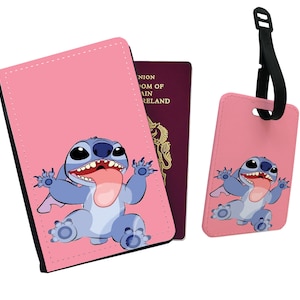 Kunstleder Passhülle und Gepäckanhänger, Reisezubehör Set, Disney Lilo & Stitch, Abenteuer individuelles Geschenk