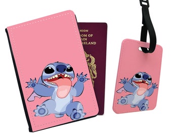 Faux Leather Passport Cover and Luggage Tag, Travel Accessory Set, Disney Lilo & Stitch, Adventure Custom Gift