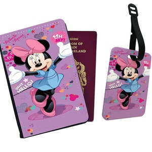 Gepersonaliseerde paspoorthoes en bagagelabel van kunstleer, set reisaccessoires, roze Disney Minnie Mouse-strik