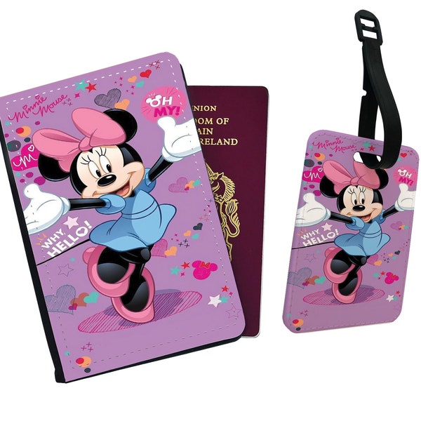 Personalised Faux Leather Passport Cover and Luggage Tag, Travel Accessory Set, Disney Minnie Mouse Pink Bow