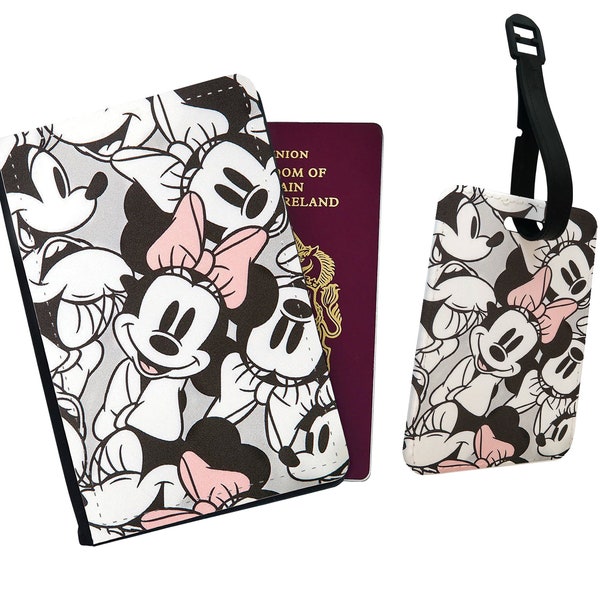 Travel Accessory Set - Faux Leather Passport Cover and Luggage Tag – Disney Minnie Mouse Pink Bow Drawing