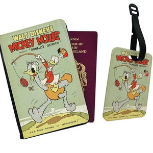 Funda de pasaporte de piel sintética personalizada y etiqueta de equipaje vintage de Disney, Donald Duck, cómics, avestruz, Disneyland, amigos, Mickey Mouse, regalo