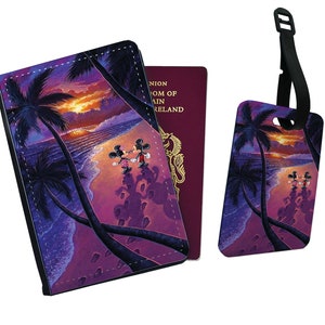 Gepersonaliseerde kunstleren paspoorthoes en bagagelabels, reisaccessoireset, Disney Mickey Mouse en Minnie op feestdagen