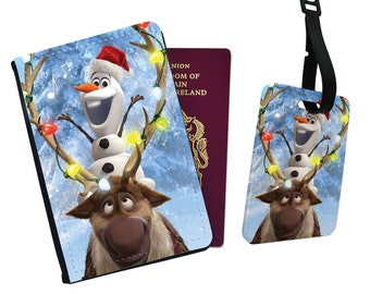 Personalised Faux Leather Passport Cover & Luggage Tag Disney Snowman Olaf Frozen Friends Adventure Elsa Anna Arendelle Disneyland Winter