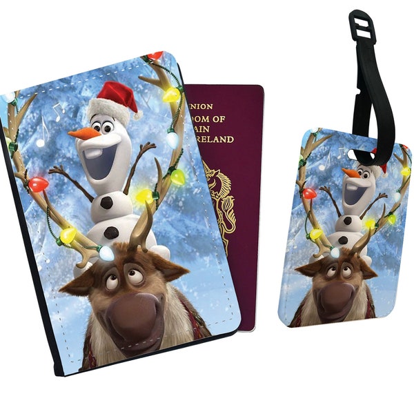 Personalised Faux Leather Passport Cover & Luggage Tag Disney Snowman Olaf Frozen Friends Adventure Elsa Anna Arendelle Disneyland Winter