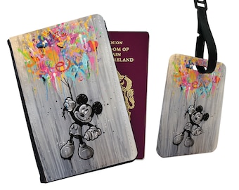 Personalised Faux Leather Passport Cover and Luggage Tag Disney's Mickey Mouse Up House Balloons Vintage Disneyland Friends Birthday Gift