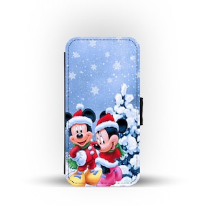 Custodia per telefono con portafoglio personalizzata con inserti per carte, custodia per telefono personalizzata, Topolino Disney, magico Natale Disney, regalo con nome personalizzato