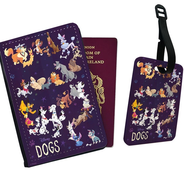 Étui pour passeport et étiquette à bagage en similicuir personnalisés Disney Dogs Daisy Dalmatien Dingo Pluto Scamp Vif d'or