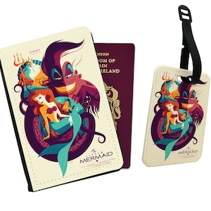 Personalised Faux Leather Passport Cover & Luggage Tag Disney The Little Mermaid Princess Ariel Travel Ocean Ursula Prince Eric King Triton