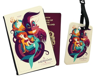 Etiquette à passeport et étiquette à bagage en similicuir personnalisées Disney La petite sirène Princesse Ariel voyage océan Ursula Prince Eric King Triton