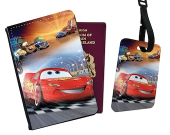 Travel Accessory Set - Faux Leather Passport Cover and Luggage Tag – Disney Mcqueen Cars with YOUR NAME