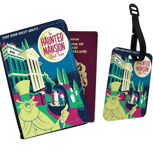 Personalised Faux Leather Passport Cover and Luggage Tag Disney Haunted Mansion Halloween Gift