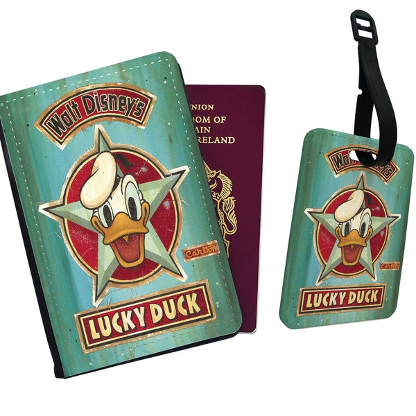 Personalised Faux Leather Passport Cover & Luggage Tag Walt Disney Lucky Donald Duck Friends Birthday Gift Disneyland Mickey Mouse Adventure