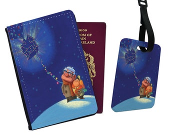 Personalizowana skórzana okładka na paszport i zawieszka na bagaż Disney Up House z balonami Carl Ellie Disneyland Friends Prezent urodzinowy