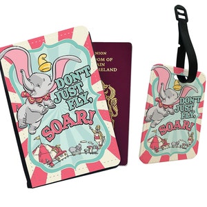 Personalised Faux Leather Passport Cover & Luggage Tag Travel Disney Dumbo Flying Elephant Circus Disneyland Graduation Birthday Custom Gift