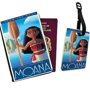 May include: A passport holder and luggage tag featuring Moana from the Disney movie Moana. The image shows Moana standing with a paddle in her hand, with a blue ocean and green islands in the background. The text "Know the Way" and "Moana" are visible on the holder and tag.