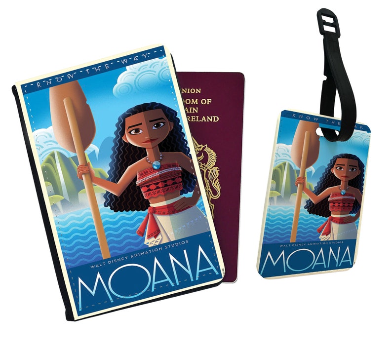 May include: A passport holder and luggage tag featuring Moana from the Disney movie Moana. The image shows Moana standing with a paddle in her hand, with a blue ocean and green islands in the background. The text "Know the Way" and "Moana" are visible on the holder and tag.