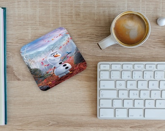 Tassenuntersetzer, personalisierter quadratischer Hochglanz-Getränkeuntersetzer, runder Kaffeeuntersetzer, individuelles Geschenk mit Namen, Disney Frozen, Schneemann Olaf