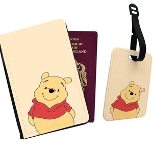 Gepersonaliseerde kunstleren paspoorthoes en bagagelabel, reisaccessoireset, Disney Winnie-de-Pooh, reisset Pooh Bear, aangepast cadeau