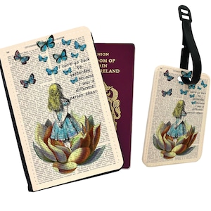 Gepersonaliseerde kunstleren paspoorthoes en bagagelabel Disney Alice in Wonderland Vintage Disneyland Neverland Friends verjaardagscadeau