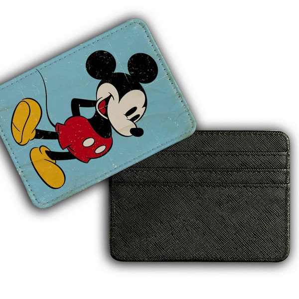 Porte-cartes en cuir élégant, porte-cartes de crédit fin, cadeau élégant personnalisé, vintage Disney, Mickey Mouse - Ajoutez votre nom !