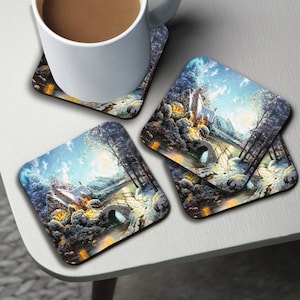 Cup Coasters, Personalised High Gloss Square Drink Coaster, Round Coffee Coaster, Custom Gift with Name, Christmas, Winter Wonderland