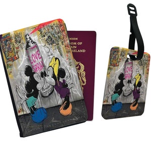 Personalised Faux Leather Passport Cover and Luggage Tag Disney&#39;s Mickey Mouse & Minnie Love Spray Vintage Disneyland Friends Birthday Gift
