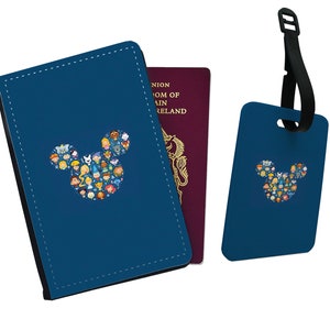 Portapassaporto e porta-bagaglio personalizzati in similpelle, set di accessori da viaggio, Disneyland Family e Topolino
